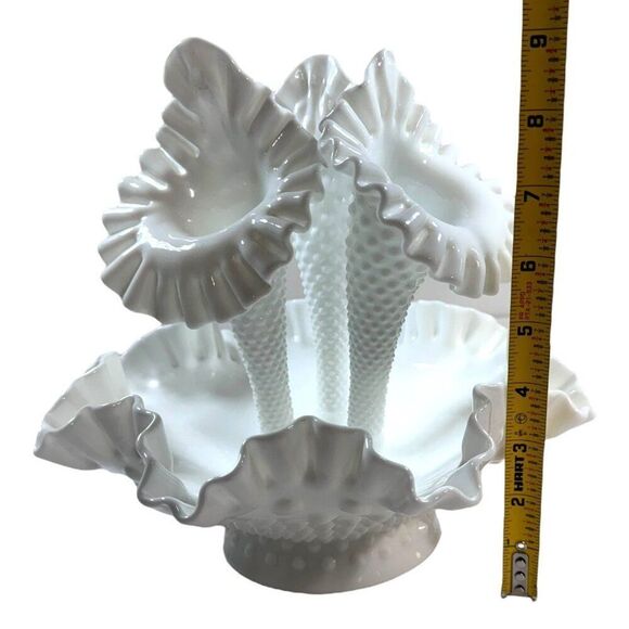 Vintage Fenton Hobnail White Milk Glass Triple Epergne Trumpet Vase REPAIRED - Picture 6 of 7
